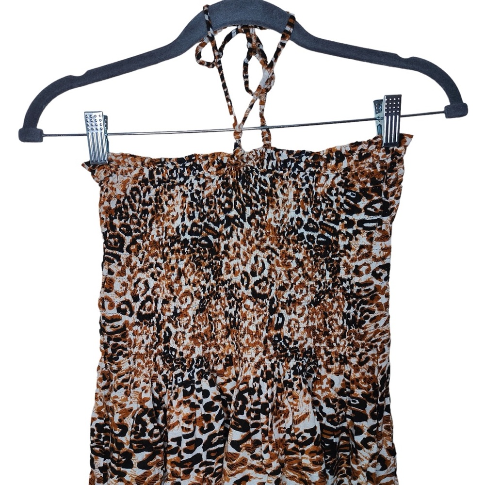 CYN by Cynthia Mehra Animal Print Rayon Halter Smoked Mini Dress - Picture 2 of 7